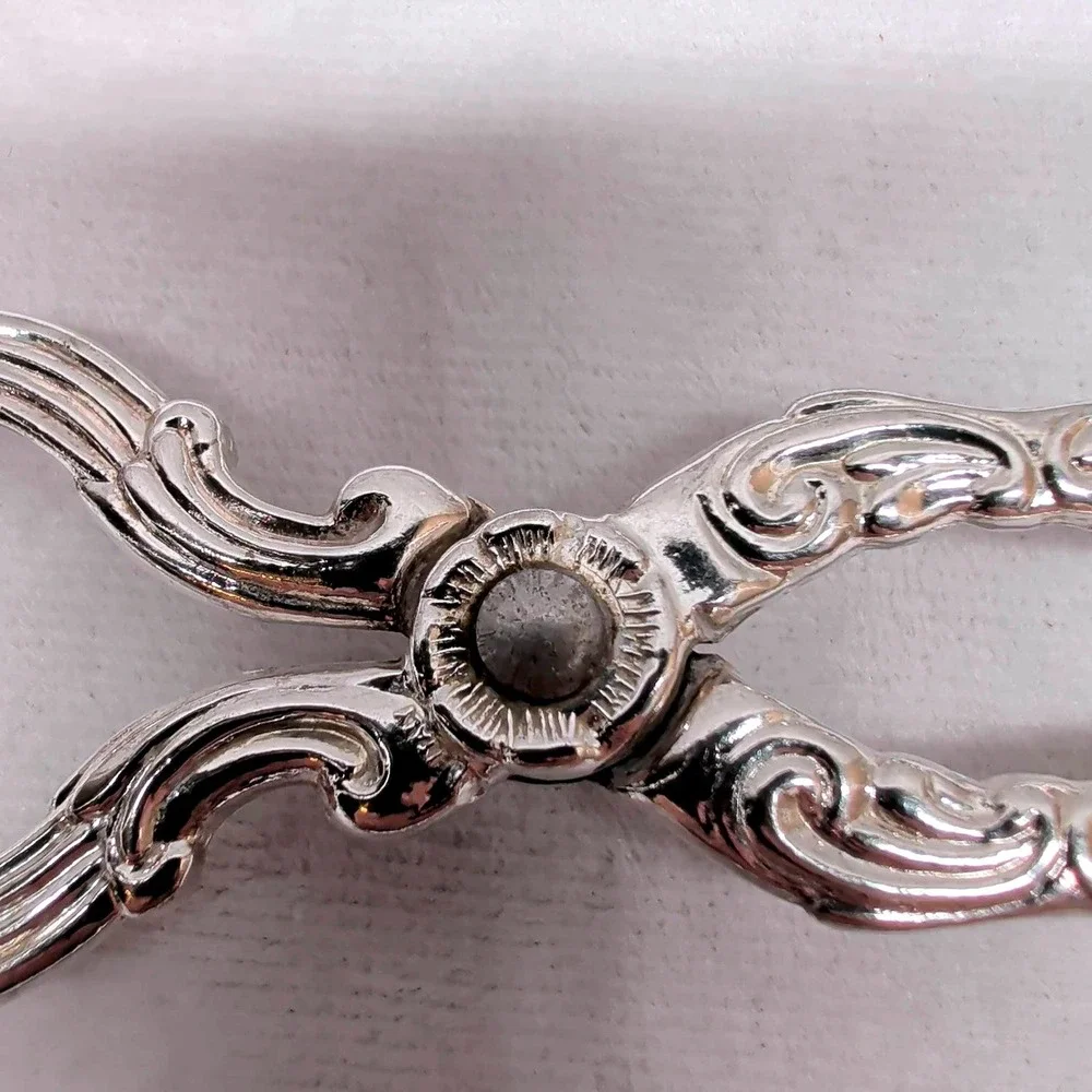 Vintage Italian Silver Plated Scissor Serving Tongs Floral Ornate MCM 8 inch